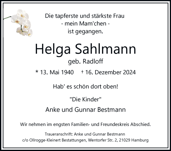 Traueranzeige von Helga Sahlmann von Hamburger Abendblatt