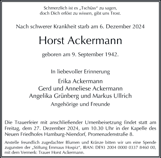 Traueranzeige von Horst Ackermann von Hamburger Abendblatt