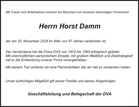 Traueranzeige von Horst Damm von Hamburger Abendblatt
