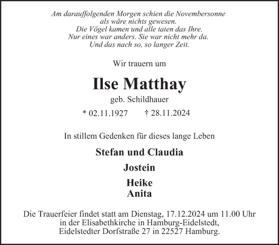 Traueranzeige von Ilse Matthay von Hamburger Abendblatt