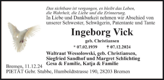 Traueranzeige von Ingeborg Vick von Hamburger Abendblatt, HA Regio Norderstedt, HA Regio Harburg