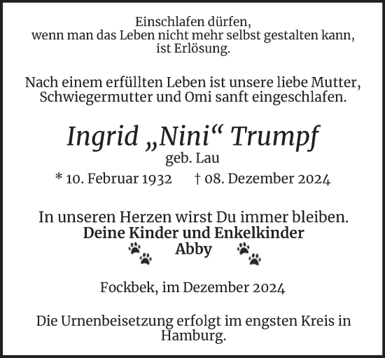 Traueranzeige von Ingrid Trumpf von Hamburger Abendblatt