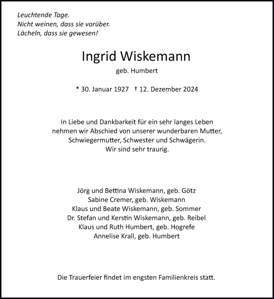 Traueranzeige von Ingrid Wiskemann von Hamburger Abendblatt