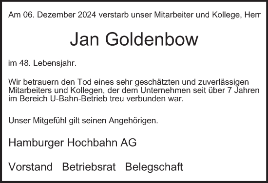 Traueranzeige von Jan Goldenbow von Hamburger Abendblatt