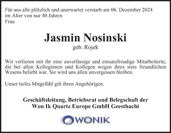 Traueranzeige von Jasmin Nosinski von Bergedorfer Zeitung