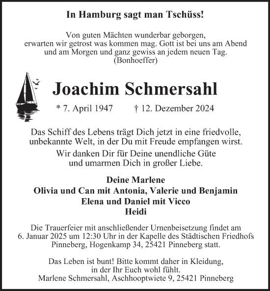 Traueranzeige von Joachim Schmersahl von Hamburger Abendblatt