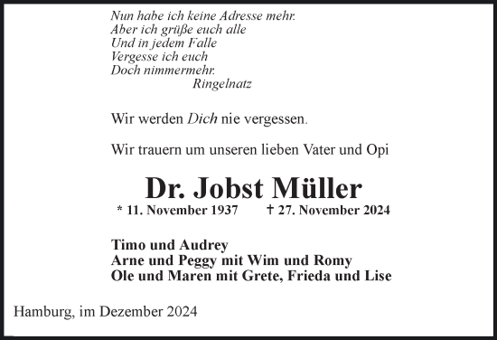 Traueranzeige von Jobst Müller von Hamburger Abendblatt