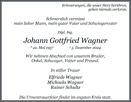 Traueranzeige von Johann  Wagner von Hamburger Abendblatt