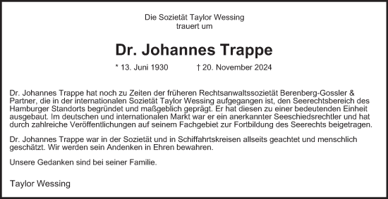 Traueranzeige von Johannes Trappe von Hamburger Abendblatt