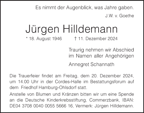 Traueranzeige von Jürgen Hilldemann von Hamburger Abendblatt