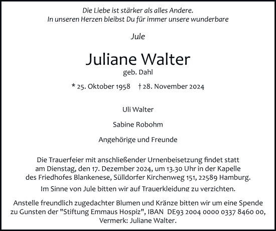 Traueranzeige von Juliane Walter von Hamburger Abendblatt