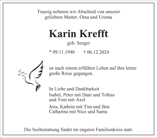 Traueranzeige von Karin Krefft von Hamburger Abendblatt