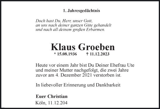 Traueranzeige von Klaus Groeben von Hamburger Abendblatt