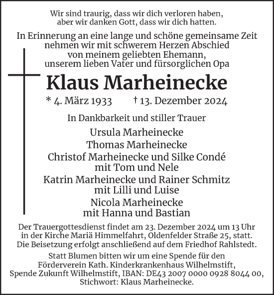 Traueranzeige von Klaus Marheinecke von Hamburger Abendblatt