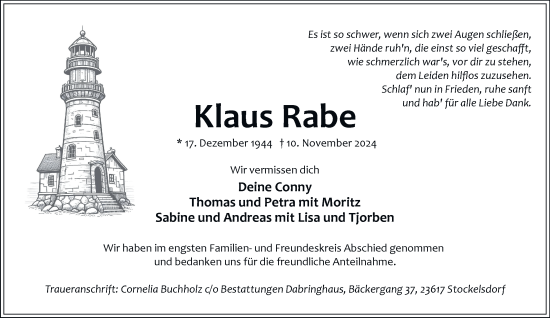 Traueranzeige von Klaus Rabe von Hamburger Abendblatt