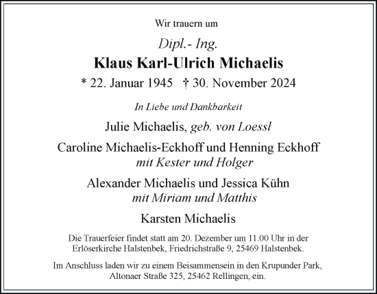 Traueranzeige von Klaus Karl-Ulrich Michaelis von Hamburger Abendblatt