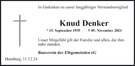 Traueranzeige von Knud Denker von Hamburger Abendblatt, HA Regio Pinneberg, HA Regio Norderstedt, HA Regio Harburg