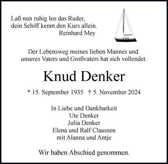 Traueranzeige von Knud Denker von Hamburger Abendblatt