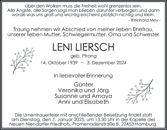 Traueranzeige von Leni Liersch 