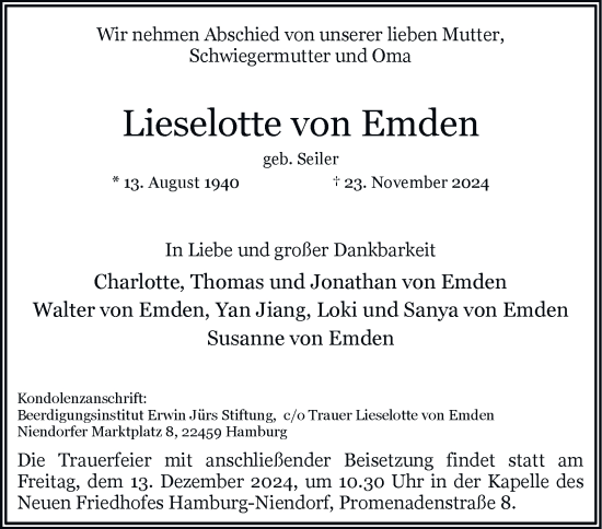 Traueranzeige von Lieselotte von Emden von Hamburger Abendblatt