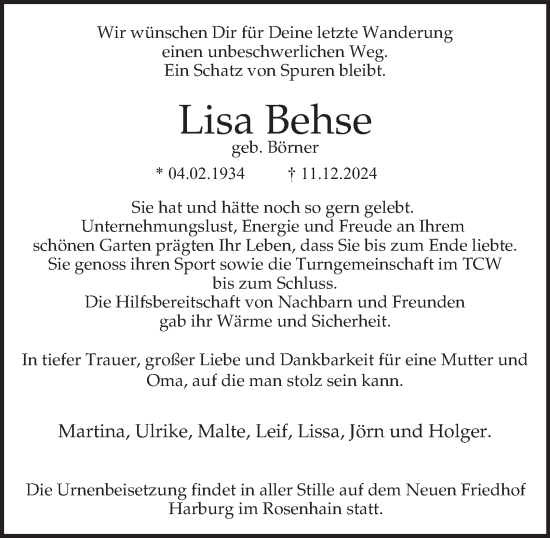 Traueranzeige von Lisa Behse 