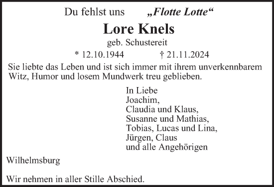 Traueranzeige von Lore Knels 