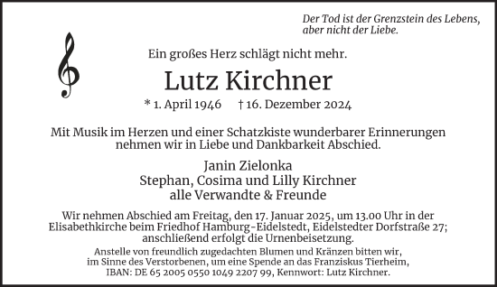 Traueranzeige von Lutz Kirchner von Hamburger Abendblatt