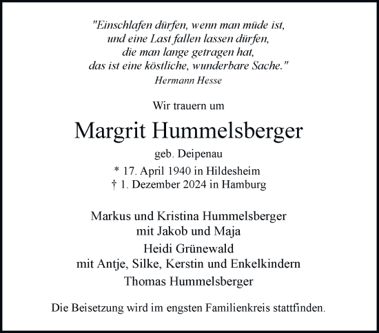 Traueranzeige von Margrit Hummelsberger von Hamburger Abendblatt