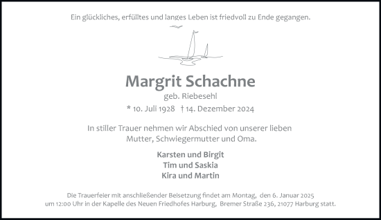 Traueranzeige von Margrit Schachne von HA Regio Harburg