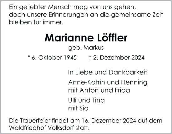 Traueranzeige von Marianne Löffler von Hamburger Abendblatt