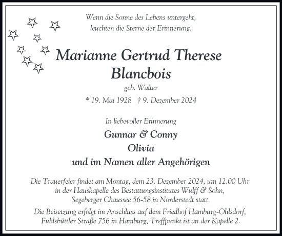 Traueranzeige von Marianne Gertrud Therese Blancbois von Hamburger Abendblatt