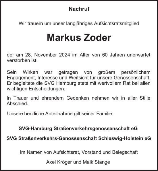 Traueranzeige von Markus Zoder von Hamburger Abendblatt