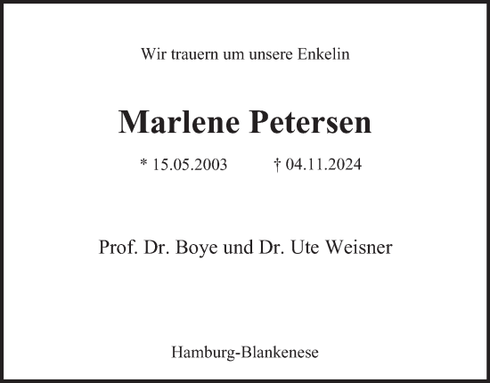 Traueranzeige von Marlene Petersen von Hamburger Abendblatt