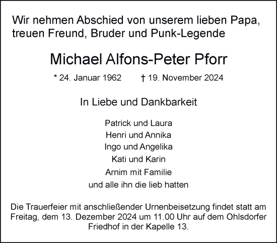 Traueranzeige von Michael Alfons-Peter Pforr von Hamburger Abendblatt