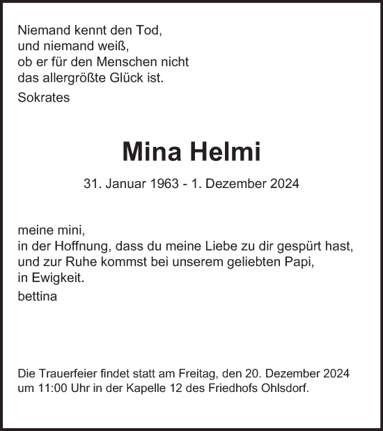 Traueranzeige von Mina Helmi von Hamburger Abendblatt