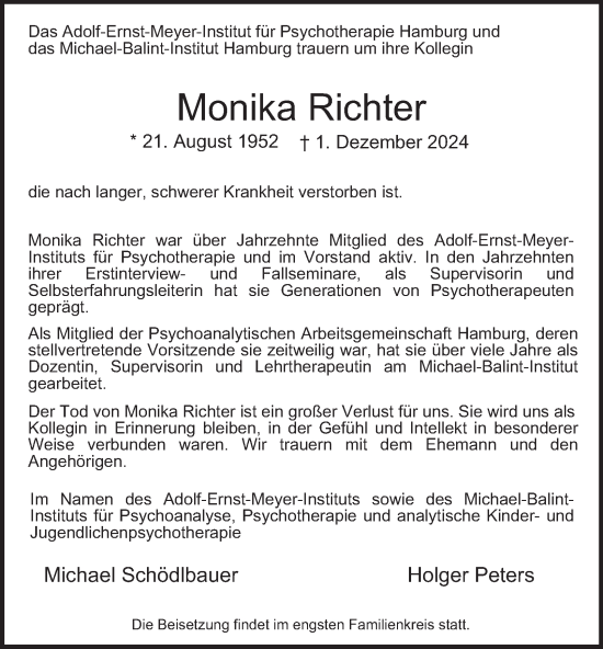 Traueranzeige von Monika Richter von Hamburger Abendblatt