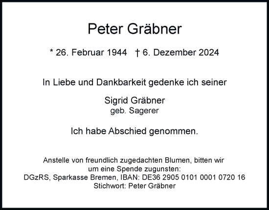 Traueranzeige von Peter Gräbner von Hamburger Abendblatt