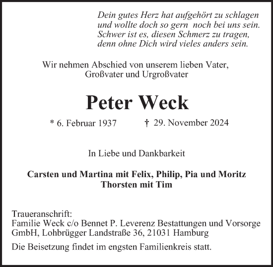 Traueranzeige von Peter Weck von Bergedorfer Zeitung