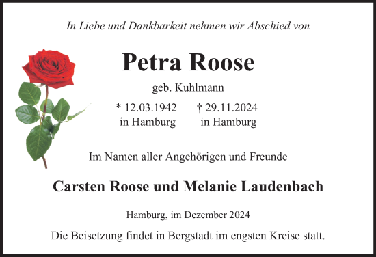 Traueranzeige von Petra Roose von Hamburger Abendblatt