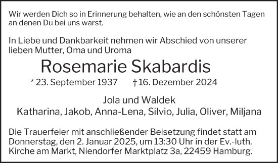 Traueranzeige von Rosemarie Skabardis von Hamburger Abendblatt