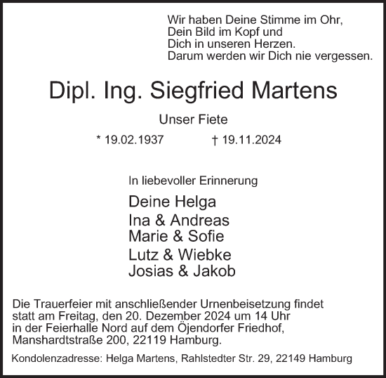 Traueranzeige von Siegfried Martens von Hamburger Abendblatt