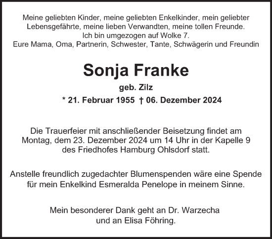 Traueranzeige von Sonja Franke von Hamburger Abendblatt