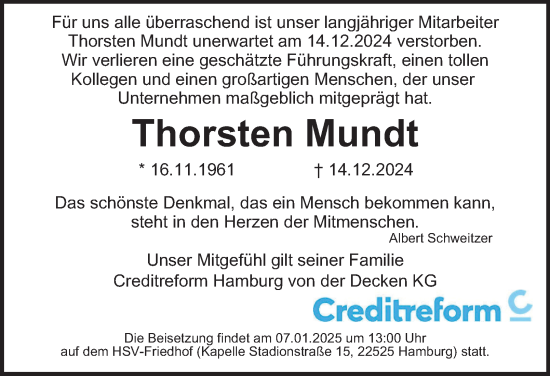 Traueranzeige von Thorsten Mundt von Hamburger Abendblatt