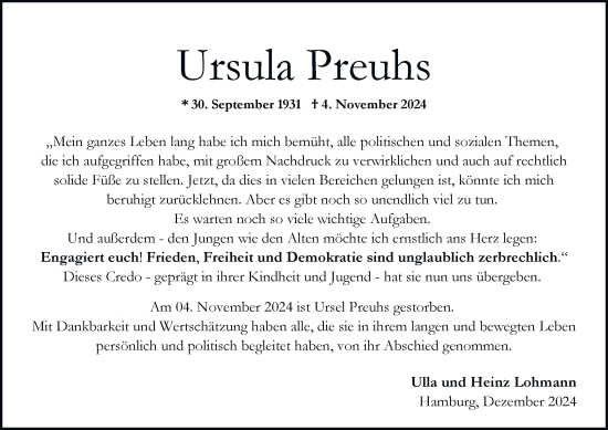 Traueranzeige von Ursula Preuhs von Hamburger Abendblatt