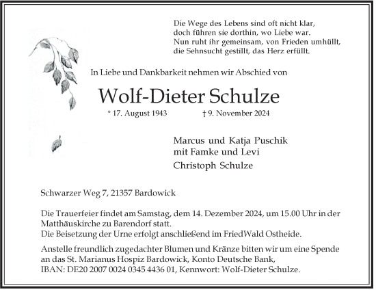 Traueranzeige von Wolf-Dieter Schulze von Bergedorfer Zeitung