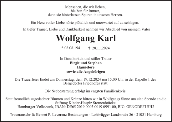 Traueranzeige von Wolfgang Karl von Bergedorfer Zeitung