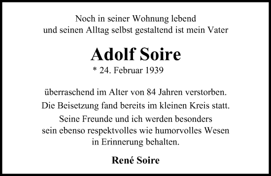 Traueranzeige von Adolf Soire von Hamburger Abendblatt
