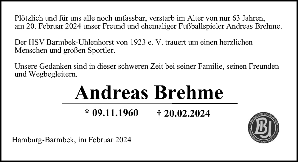  Traueranzeige für Andreas Brehme vom 24.02.2024 aus Hamburger Abendblatt