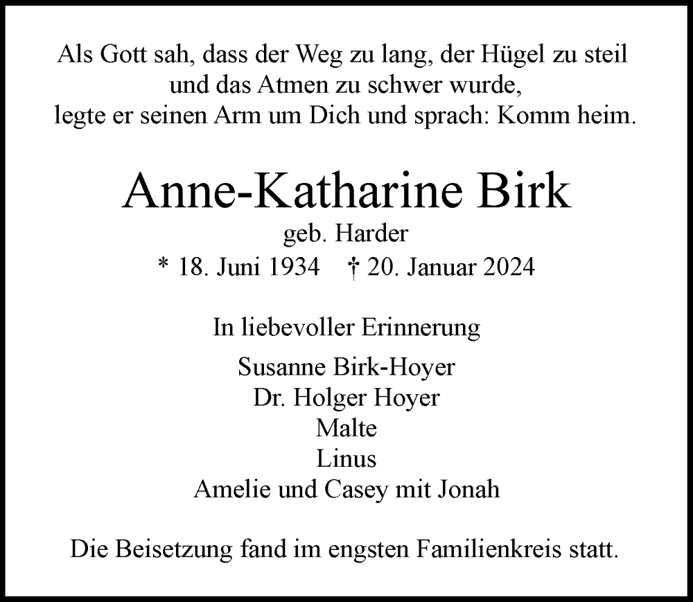  Traueranzeige für Anne-Katharine Birk vom 10.02.2024 aus Hamburger Abendblatt