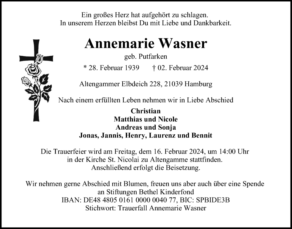 Traueranzeige für Annemarie Wasner vom 10.02.2024 aus Bergedorfer Zeitung